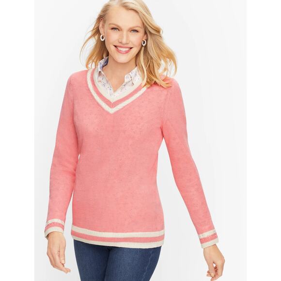 Talbots 100% Linen V-Neck Varsity Sweater Pink White Trim Size M‎ Medium Preppy - Picture 1 of 6